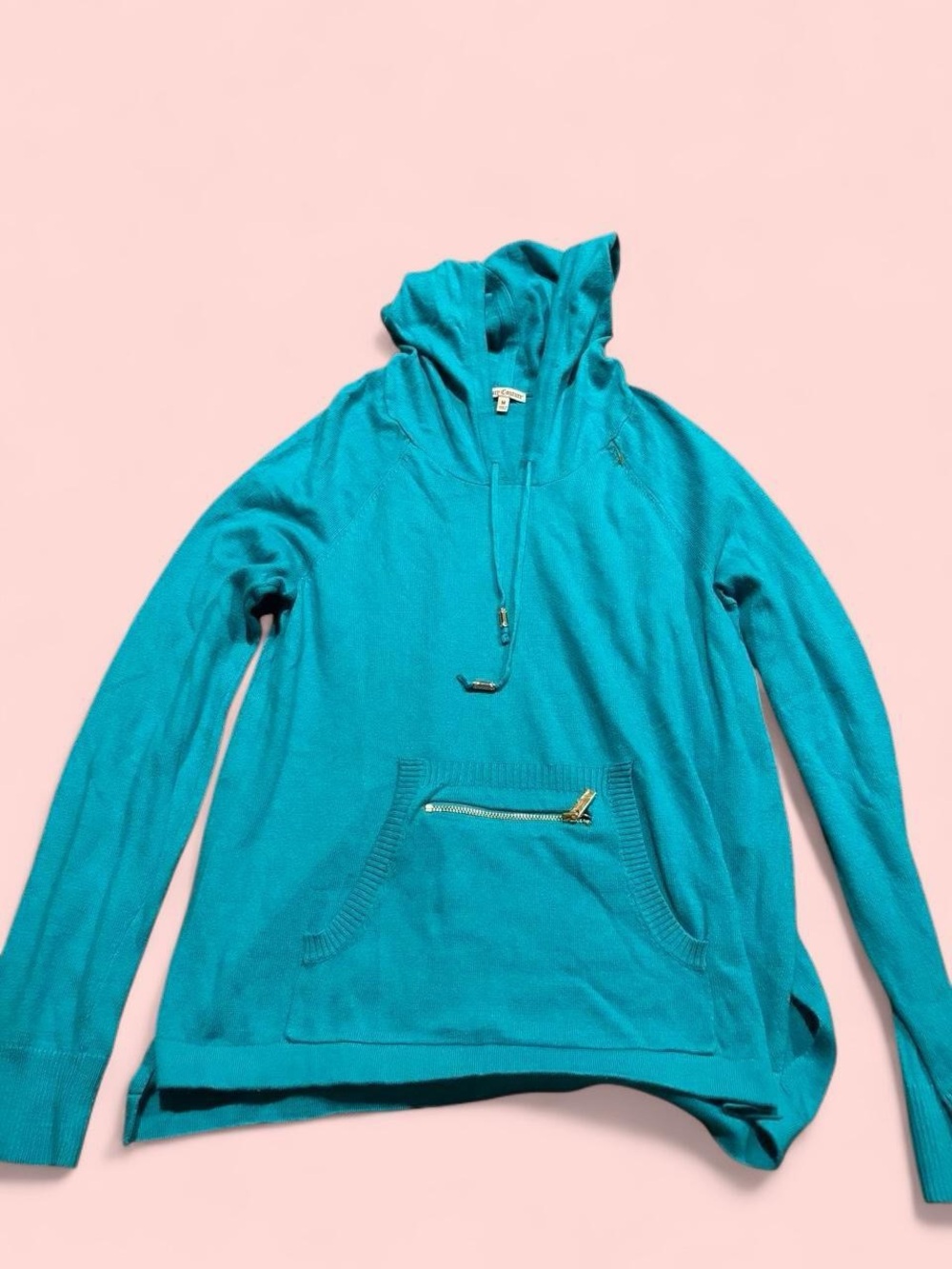 Juicy Couture Teal Hooded Knit Pullover with Gold Zipper Accent